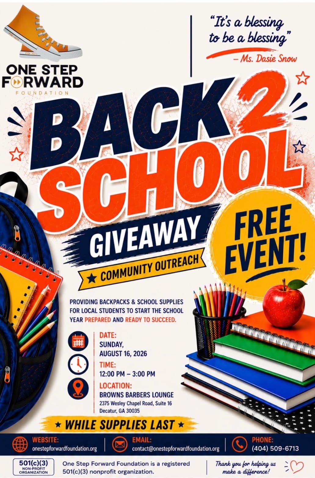 One Step Forward Foundation Back-to-School Giveaway flyer — Sunday, August 16, 2026, Browns Barbers Lounge, Decatur, GA