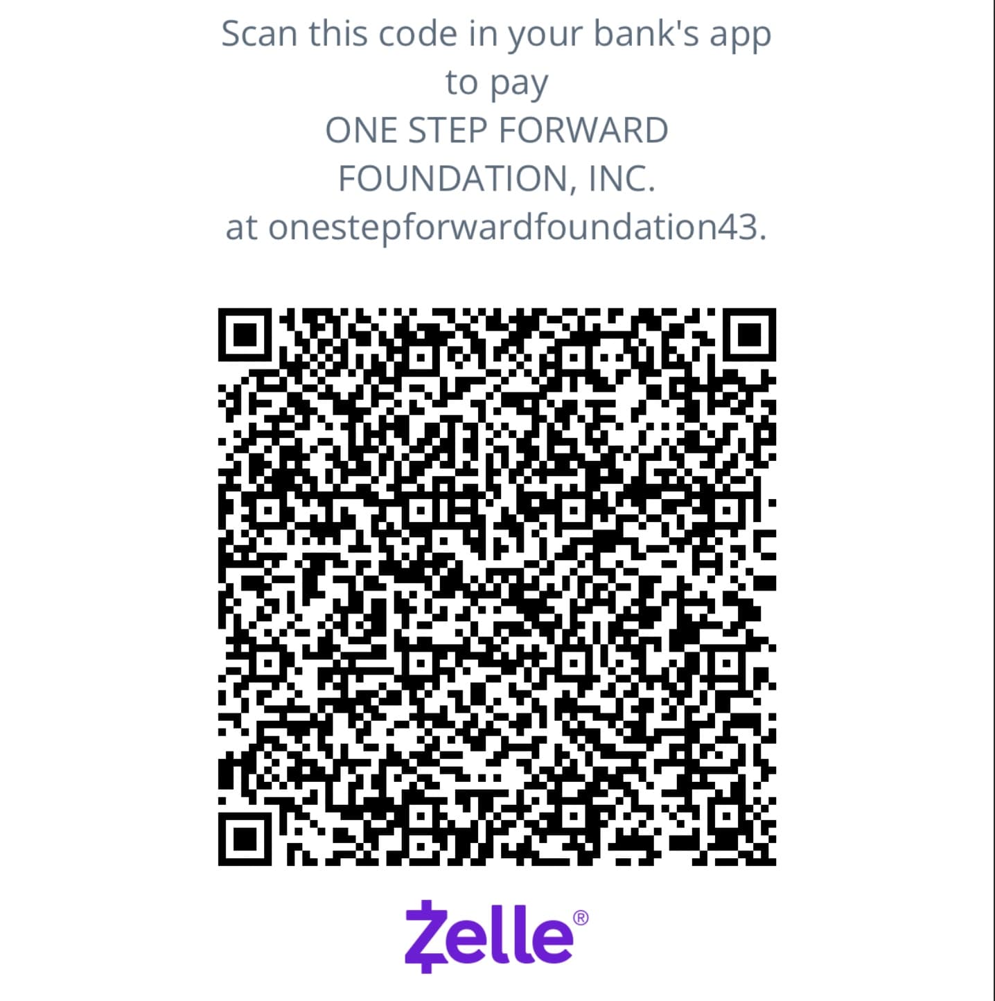One Step Forward Foundation Zelle donation QR code